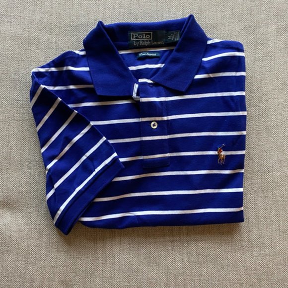 Polo New Men's Blue Dolphin/White Stripe & Pink/Blue Stripe Pima Interlock Shirt - Picture 11 of 15